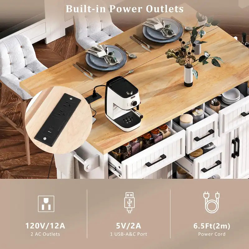 Îlot de cuisine de 56.5 avec rallonge rabattable et station de recharge, desserte de cuisine à roulettes avec tiroirs et étagères réglables