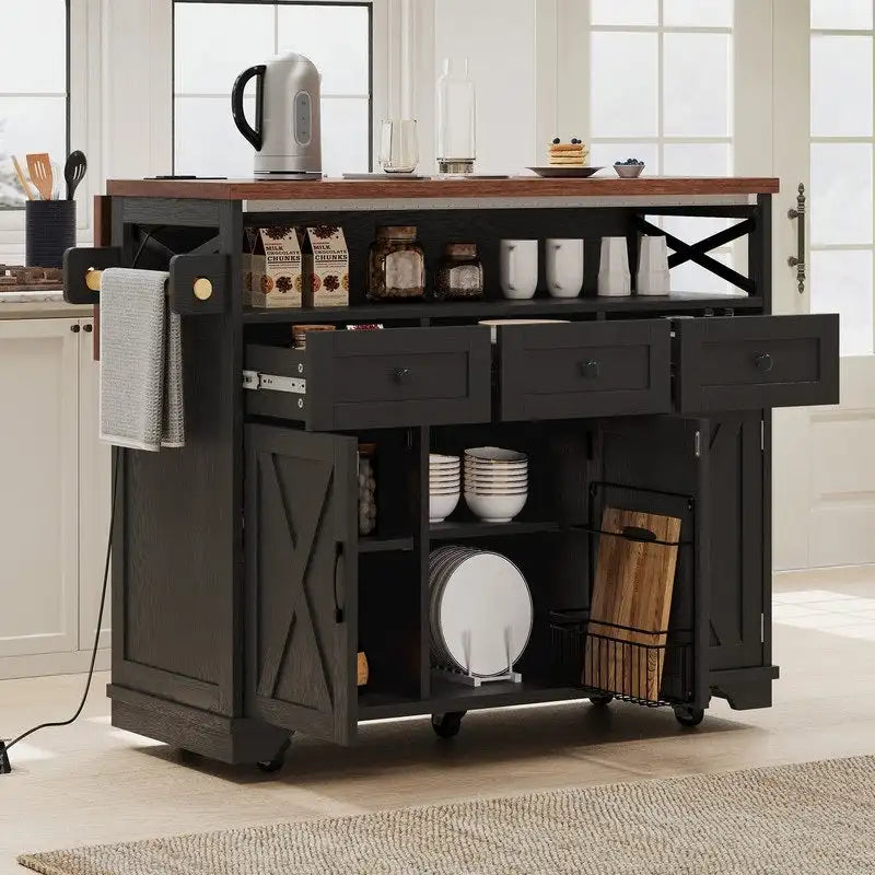 Îlot de cuisine de style rustique de 46,5 pouces avec prise électrique, desserte de cuisine à roulettes avec rallonge rabattable