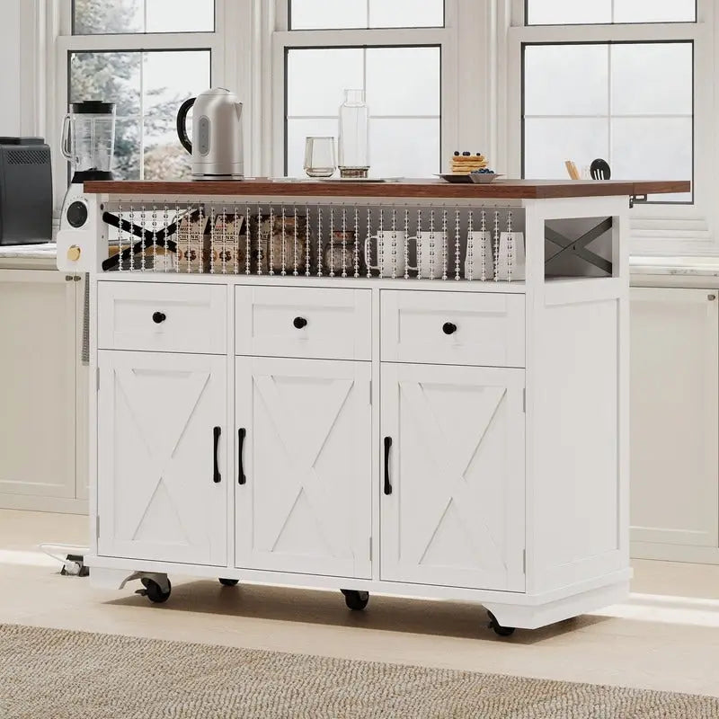 Îlot de cuisine de style rustique de 46,5 pouces avec prise électrique, desserte de cuisine à roulettes avec rallonge rabattable