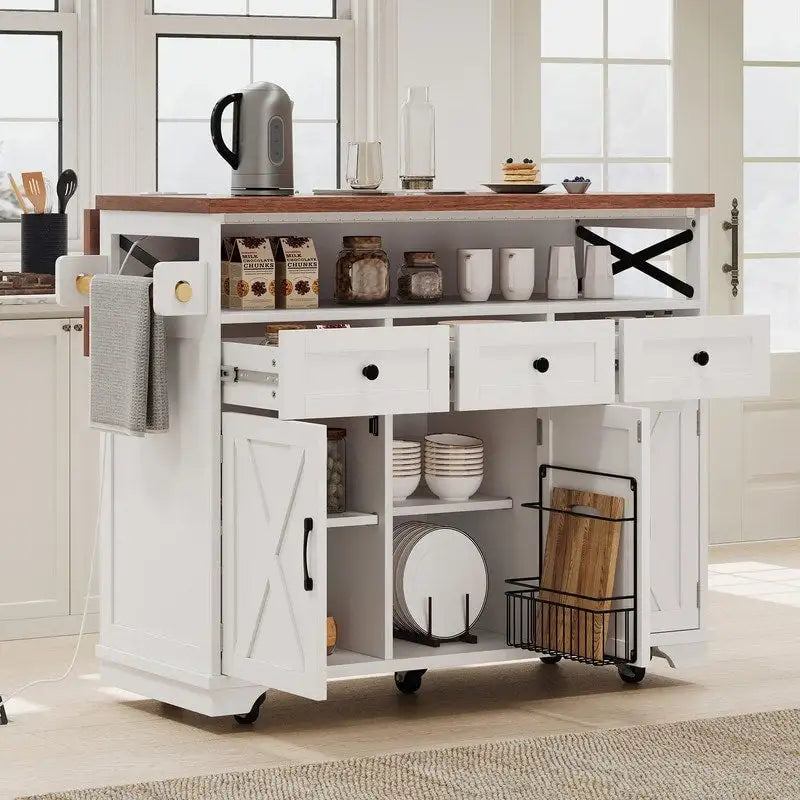 Îlot de cuisine de style rustique de 46,5 pouces avec prise électrique, desserte de cuisine à roulettes avec rallonge rabattable
