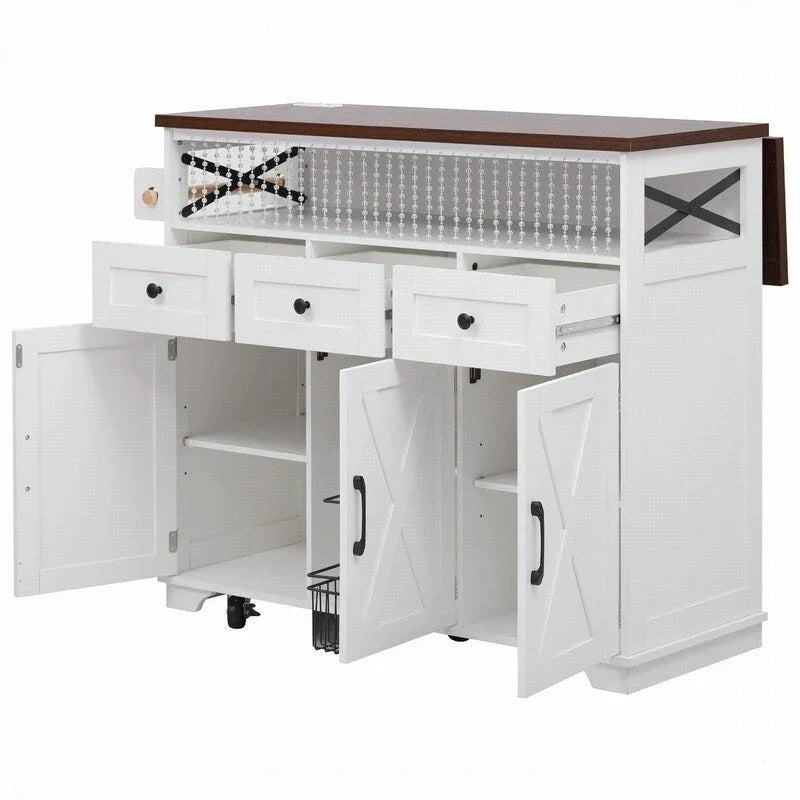 Farmhouse 46.5 Kitchen Island with Power Outlet, Rolling Kitchen Cart on Wheels with Drop Leaf