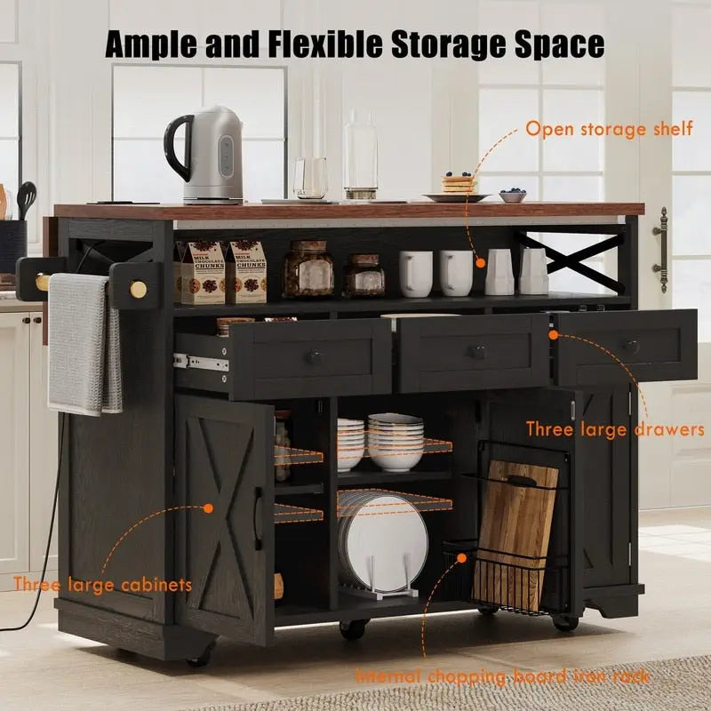 Farmhouse 46.5 Kitchen Island with Power Outlet, Rolling Kitchen Cart on Wheels with Drop Leaf