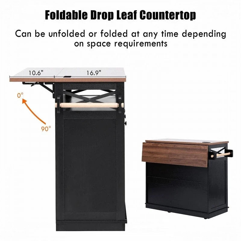 Farmhouse 46.5 Kitchen Island with Power Outlet, Rolling Kitchen Cart on Wheels with Drop Leaf