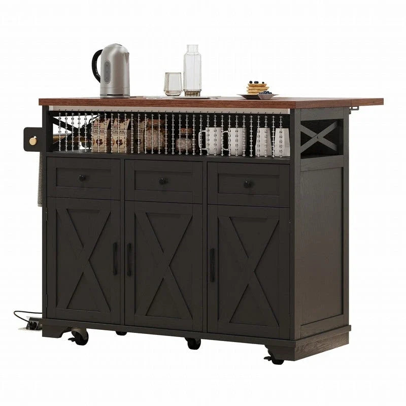 Farmhouse 46.5 Kitchen Island with Power Outlet, Rolling Kitchen Cart on Wheels with Drop Leaf