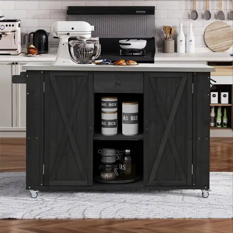 Îlot de cuisine d’extérieur de 52.25 avec plateau en acier inoxydable, grand espace de rangement, porte-serviettes et étagères à épices, et décapsuleur