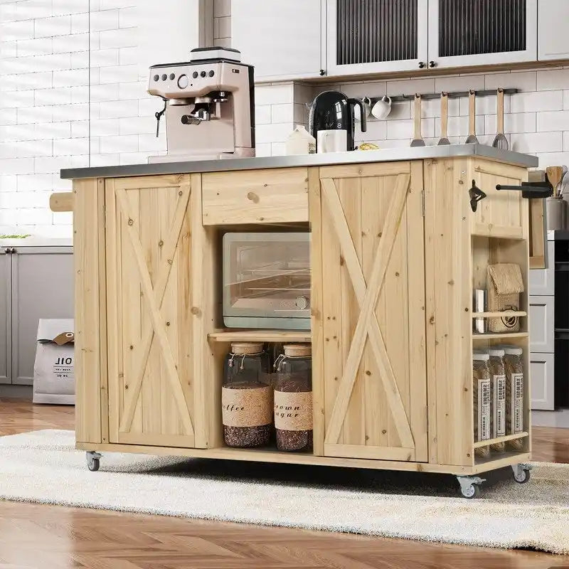 Îlot de cuisine d’extérieur de 52.25 avec plateau en acier inoxydable, grand espace de rangement, porte-serviettes et étagères à épices, et décapsuleur