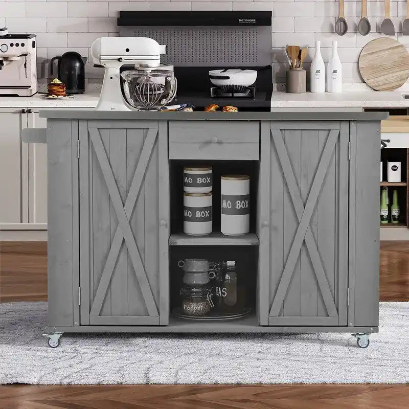 Îlot de cuisine d’extérieur de 52.25 avec plateau en acier inoxydable, grand espace de rangement, porte-serviettes et étagères à épices, et décapsuleur