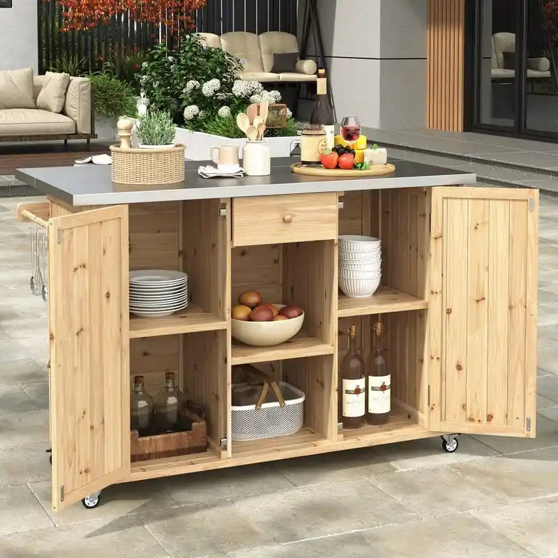 Outdoor-Kücheninsel, 52,25 Zoll, mit Edelstahl-Arbeitsplatte, viel Stauraum, Handtuch- und Gewürzregalen sowie Flaschenöffner