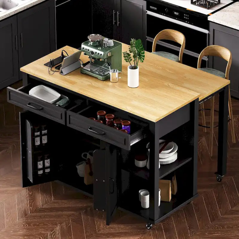 Îlot de cuisine extensible à roulettes, desserte mobile de cuisine, meuble-bar avec rangement intérieur, 2 tiroirs et 2 placards