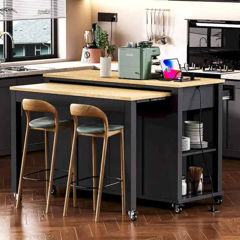 Îlot de cuisine extensible à roulettes, desserte mobile de cuisine, meuble-bar avec rangement intérieur, 2 tiroirs et 2 placards