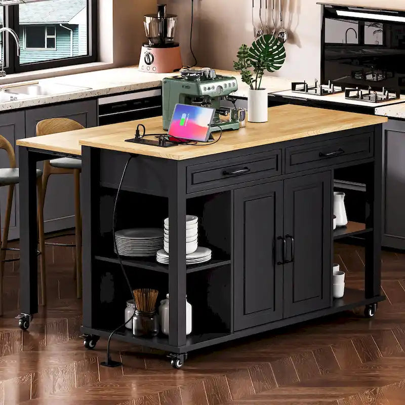 Îlot de cuisine extensible à roulettes, desserte mobile de cuisine, meuble-bar avec rangement intérieur, 2 tiroirs et 2 placards