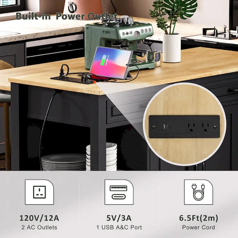 Îlot de cuisine extensible à roulettes, desserte mobile de cuisine, meuble-bar avec rangement intérieur, 2 tiroirs et 2 placards