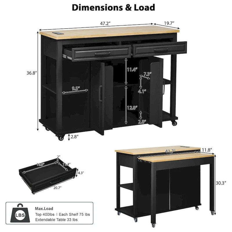 Îlot de cuisine extensible à roulettes, desserte mobile de cuisine, meuble-bar avec rangement intérieur, 2 tiroirs et 2 placards
