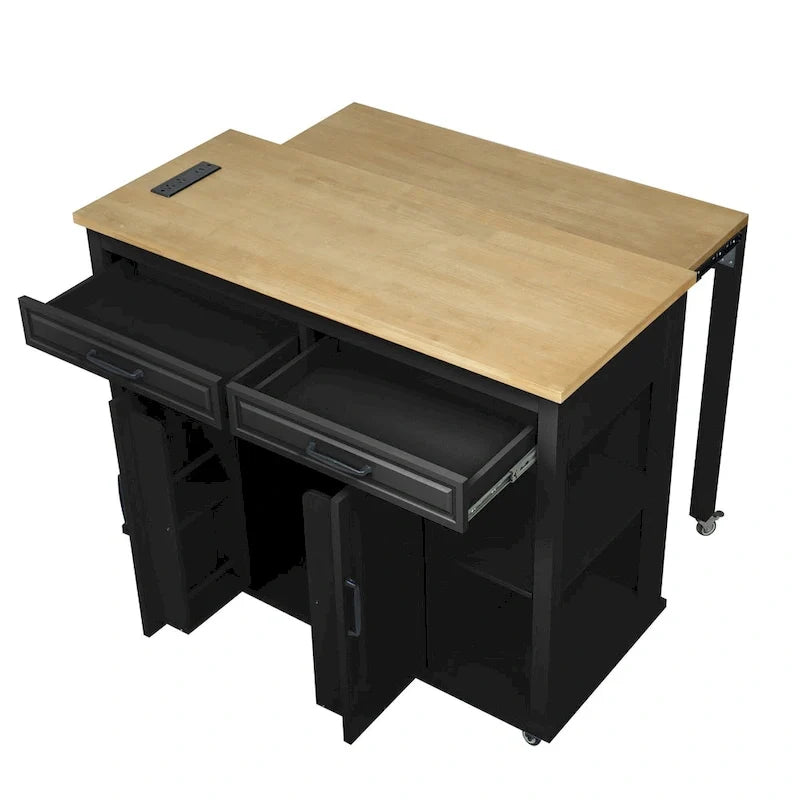Îlot de cuisine extensible à roulettes, desserte mobile de cuisine, meuble-bar avec rangement intérieur, 2 tiroirs et 2 placards