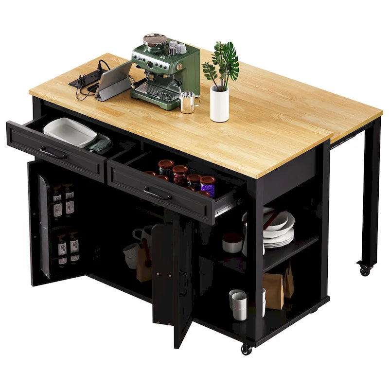 Îlot de cuisine extensible à roulettes, desserte mobile de cuisine, meuble-bar avec rangement intérieur, 2 tiroirs et 2 placards