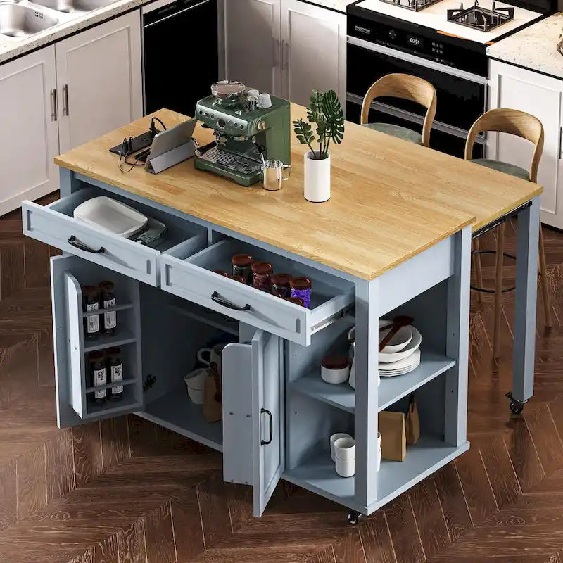 Îlot de cuisine extensible à roulettes, desserte mobile de cuisine, meuble-bar avec rangement intérieur, 2 tiroirs et 2 placards