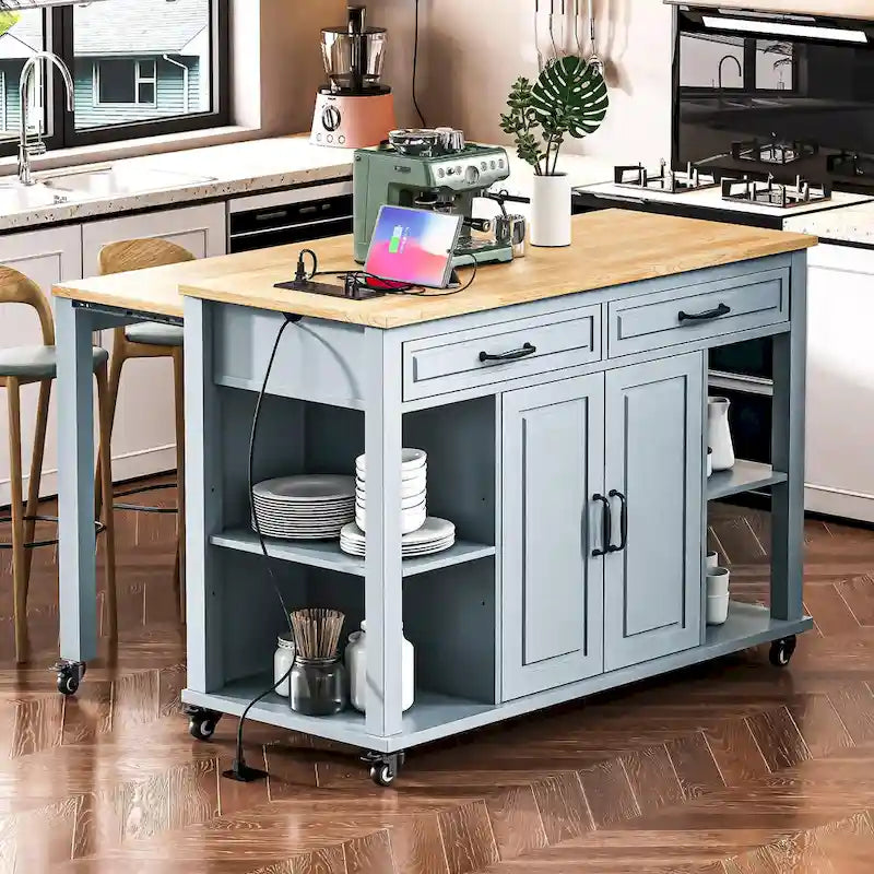 Îlot de cuisine extensible à roulettes, desserte mobile de cuisine, meuble-bar avec rangement intérieur, 2 tiroirs et 2 placards