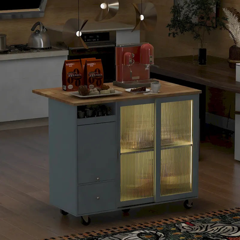 Desserte d’îlot de cuisine avec éclairage LED, comptoir de petit-déjeuner à rallonge rabattable sur roulettes, meuble-bar avec 2 tiroirs, 2 portes en verre et 1 placard à abattant