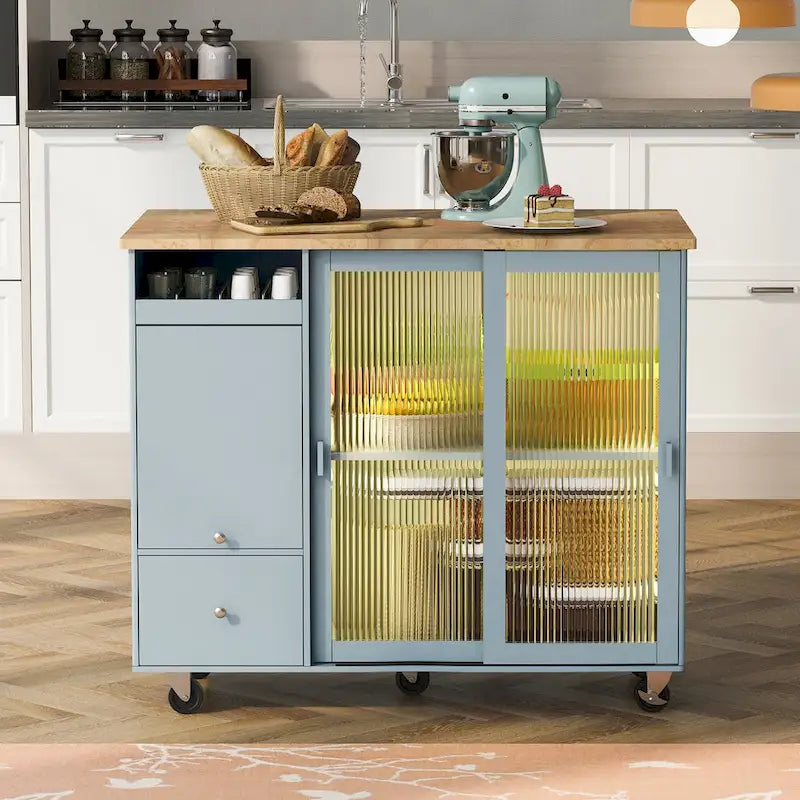 Desserte d’îlot de cuisine avec éclairage LED, comptoir de petit-déjeuner à rallonge rabattable sur roulettes, meuble-bar avec 2 tiroirs, 2 portes en verre et 1 placard à abattant