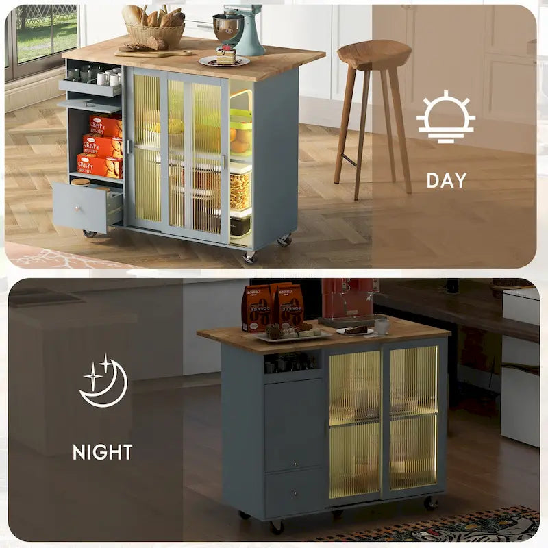 Desserte d’îlot de cuisine avec éclairage LED, comptoir de petit-déjeuner à rallonge rabattable sur roulettes, meuble-bar avec 2 tiroirs, 2 portes en verre et 1 placard à abattant
