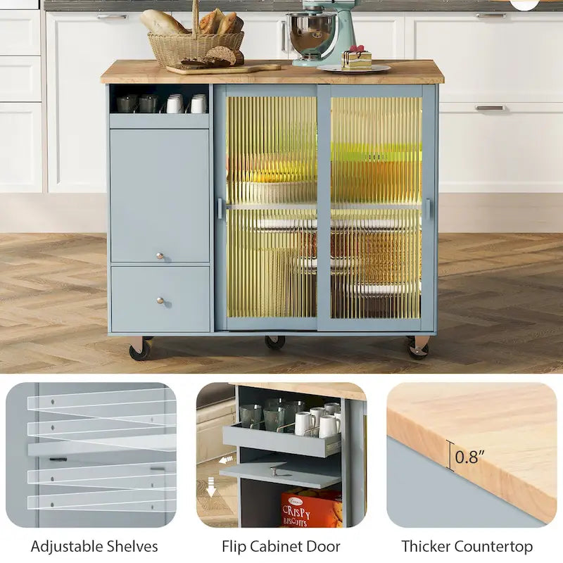 Desserte d’îlot de cuisine avec éclairage LED, comptoir de petit-déjeuner à rallonge rabattable sur roulettes, meuble-bar avec 2 tiroirs, 2 portes en verre et 1 placard à abattant