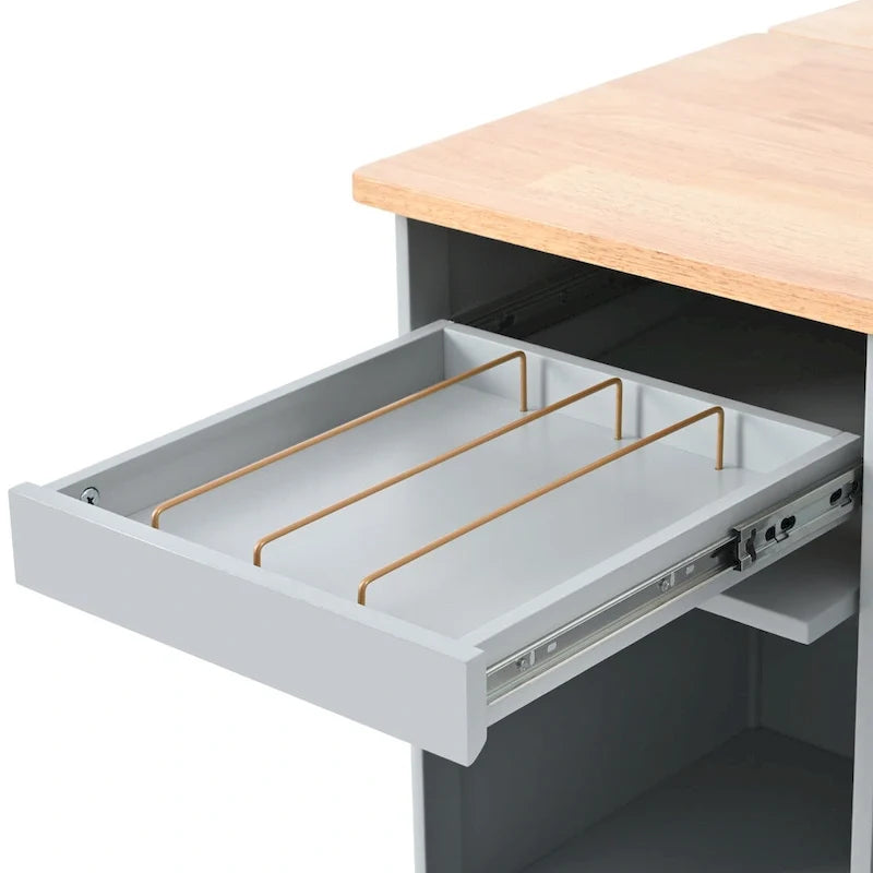 Desserte d’îlot de cuisine avec éclairage LED, comptoir de petit-déjeuner à rallonge rabattable sur roulettes, meuble-bar avec 2 tiroirs, 2 portes en verre et 1 placard à abattant