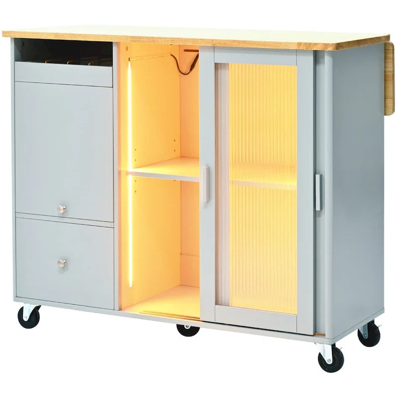 Desserte d’îlot de cuisine avec éclairage LED, comptoir de petit-déjeuner à rallonge rabattable sur roulettes, meuble-bar avec 2 tiroirs, 2 portes en verre et 1 placard à abattant