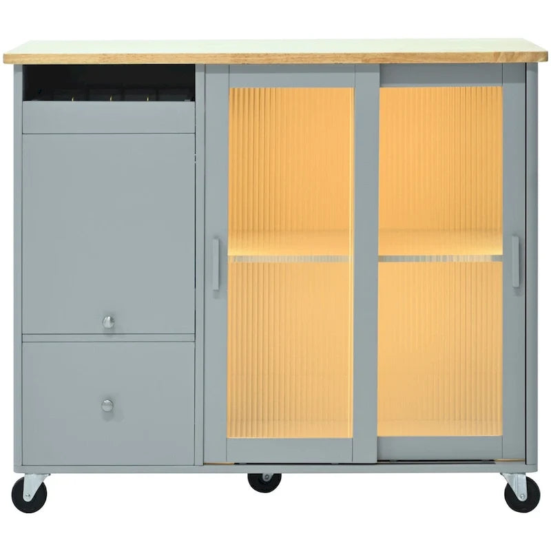 Desserte d’îlot de cuisine avec éclairage LED, comptoir de petit-déjeuner à rallonge rabattable sur roulettes, meuble-bar avec 2 tiroirs, 2 portes en verre et 1 placard à abattant