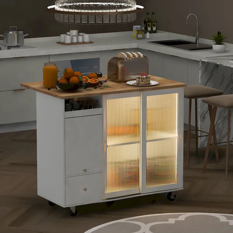 Desserte d’îlot de cuisine avec éclairage LED, comptoir de petit-déjeuner à rallonge rabattable sur roulettes, meuble-bar avec 2 tiroirs, 2 portes en verre et 1 placard à abattant