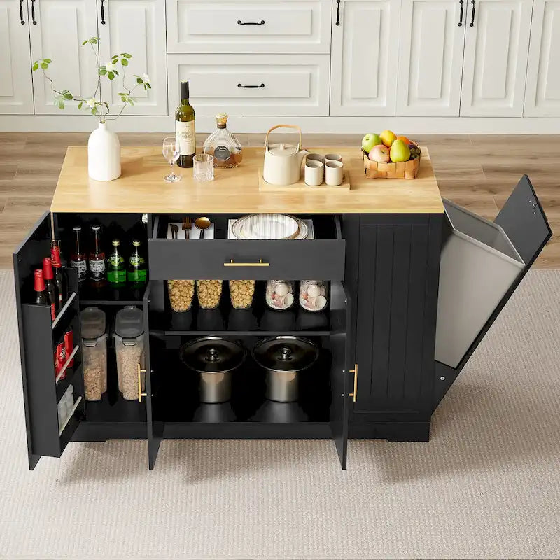 Îlot de cuisine avec support pour poubelle basculante, table mobile avec tiroir, étagères réglables et supports latéraux ouverts à 3 niveaux