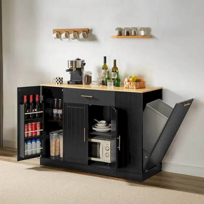 Îlot de cuisine avec support pour poubelle basculante, table mobile avec tiroir, étagères réglables et supports latéraux ouverts à 3 niveaux