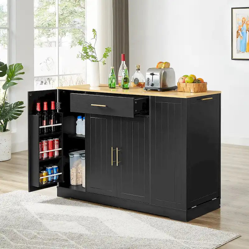 Îlot de cuisine avec support pour poubelle basculante, table mobile avec tiroir, étagères réglables et supports latéraux ouverts à 3 niveaux