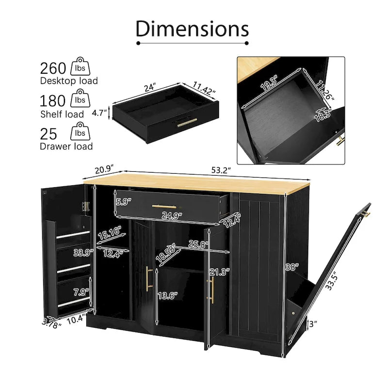 Îlot de cuisine avec support pour poubelle basculante, table mobile avec tiroir, étagères réglables et supports latéraux ouverts à 3 niveaux