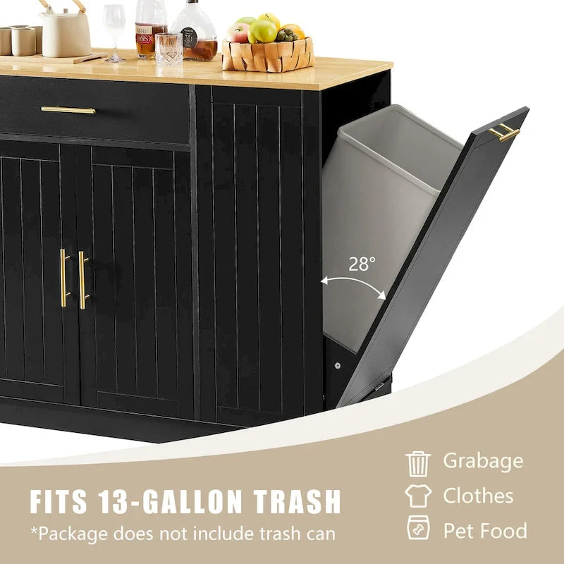Kitchen Island with Tilt Out Trash Can Holder, Mobile Islands Table with Drawer, Adjustable Shelves & 3 Layer Open Side Racks
