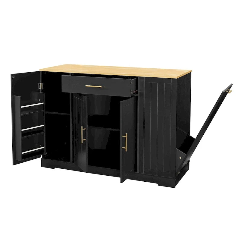 Kitchen Island with Tilt Out Trash Can Holder, Mobile Islands Table with Drawer, Adjustable Shelves & 3 Layer Open Side Racks