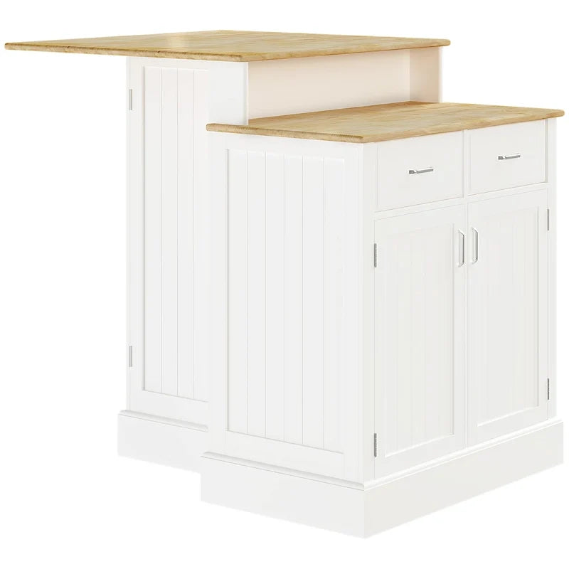 Îlot de cuisine avec placard de rangement et plateau à deux niveaux en hévéa, doté d’étagères réglables et de tiroirs