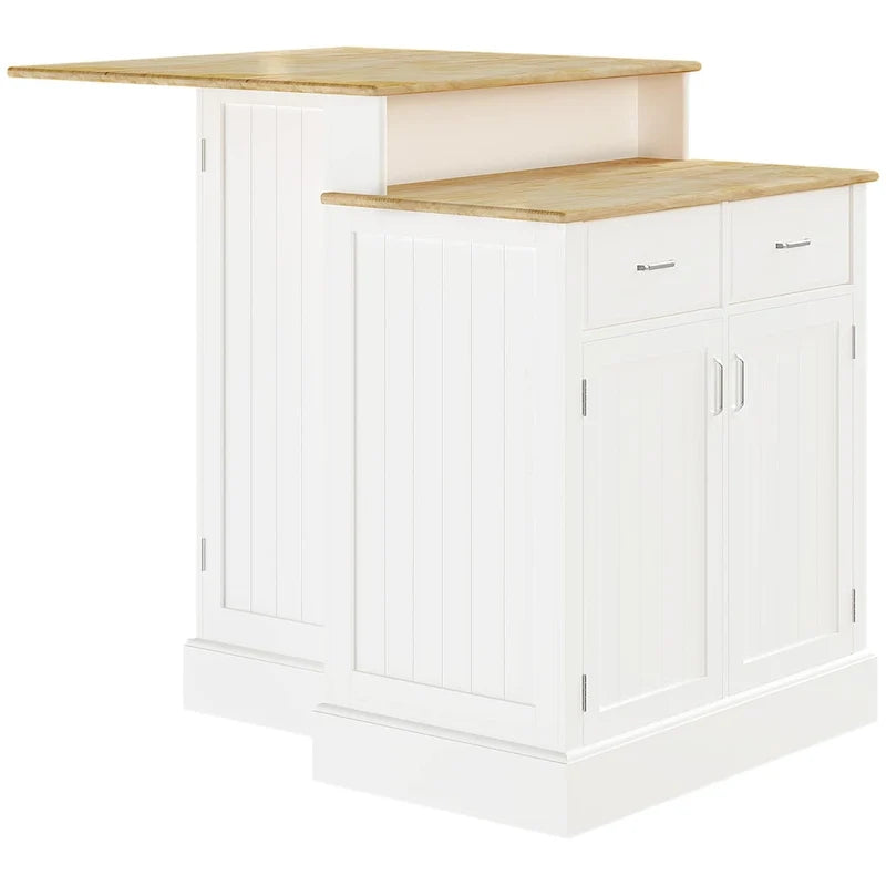 Kitchen Island with Storage Cabinet and 2-Level Rubber Wood Tabletop, Island Table with Adjustable Shelves and Drawers