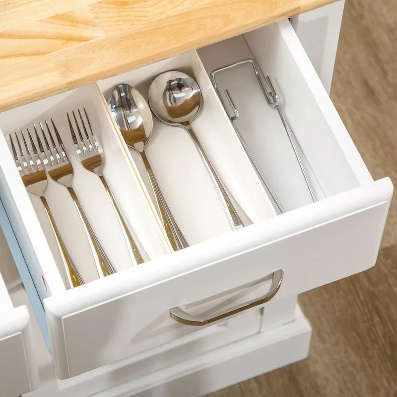 Îlot de cuisine avec placard de rangement et plateau à deux niveaux en hévéa, doté d’étagères réglables et de tiroirs