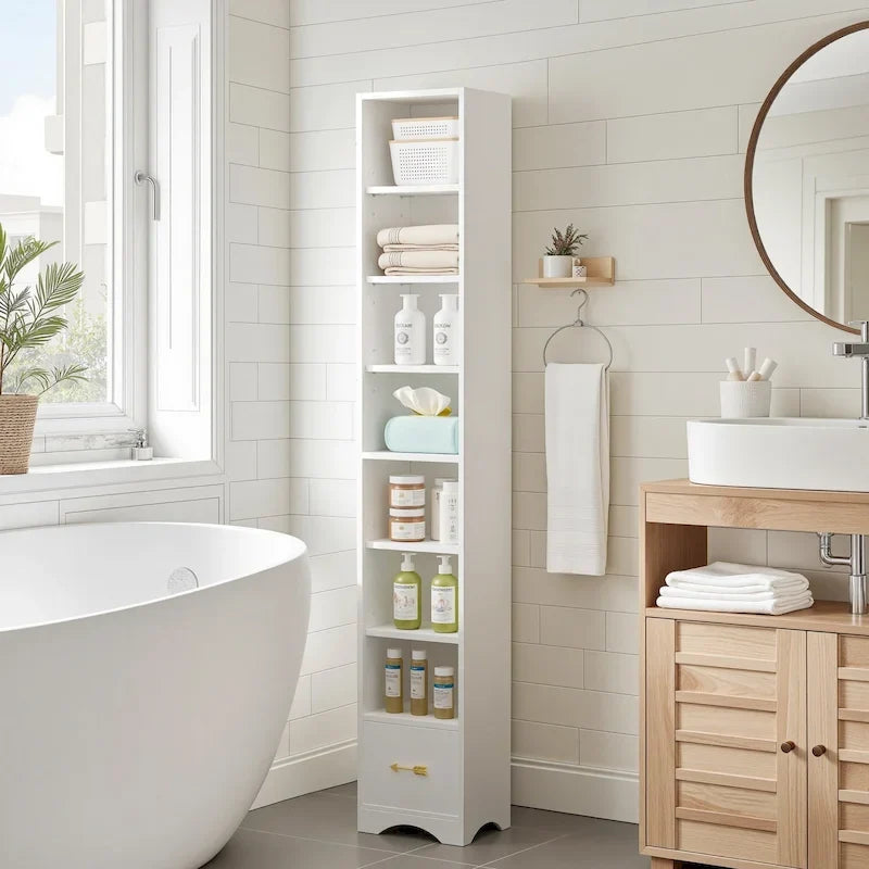 Armoire à linge étroite de salle de bain, hauteur de 70.9 pouces, 8 niveaux, meuble de rangement autoportant en bois massif