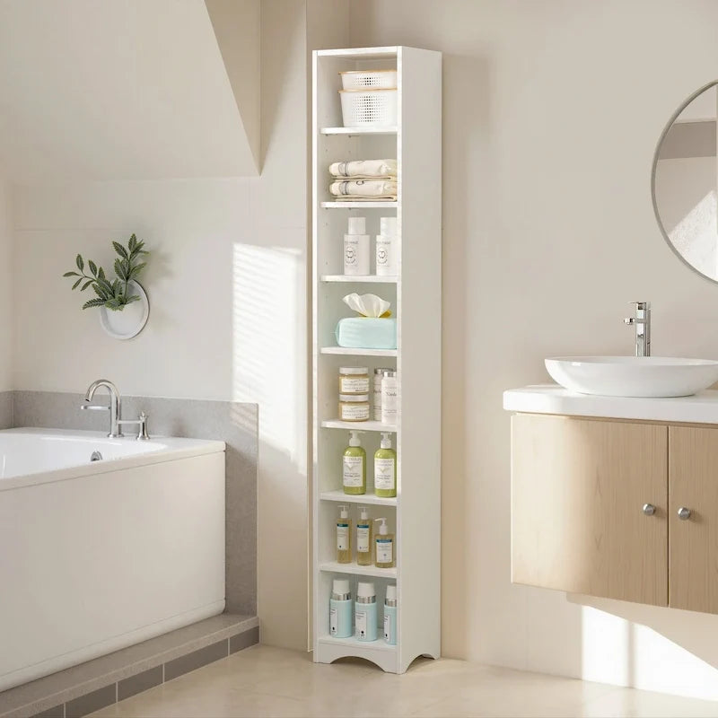 Armoire à linge étroite de salle de bain, hauteur de 70.9 pouces, 8 niveaux, meuble de rangement autoportant en bois massif
