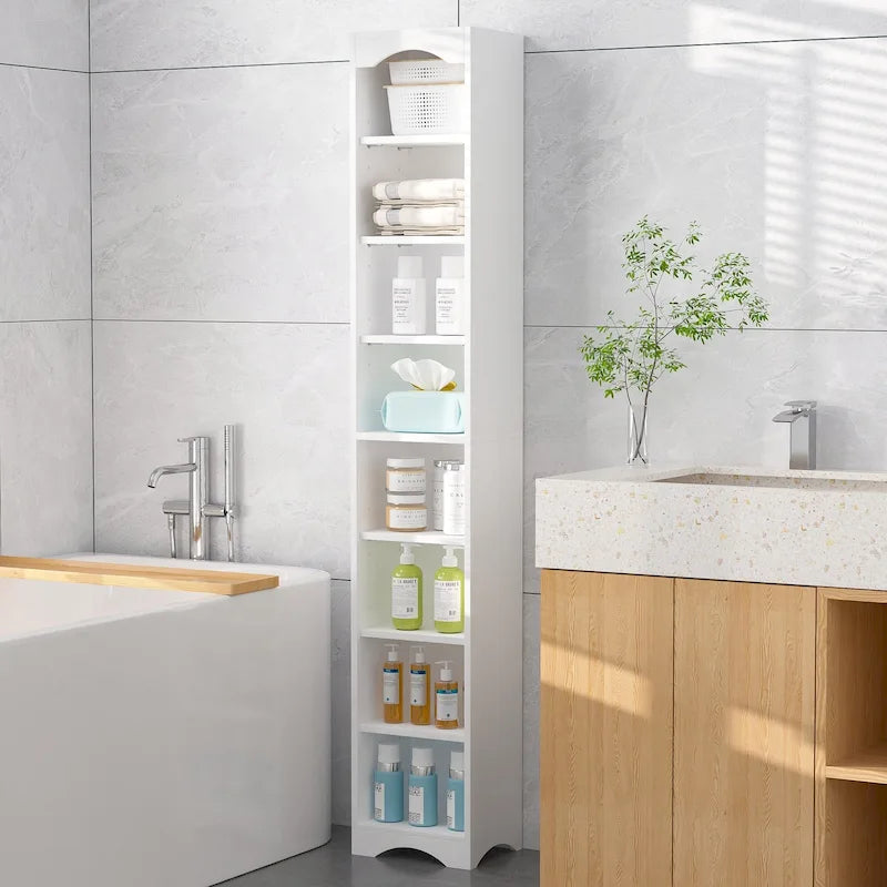 Armoire à linge étroite de salle de bain, hauteur de 70.9 pouces, 8 niveaux, meuble de rangement autoportant en bois massif
