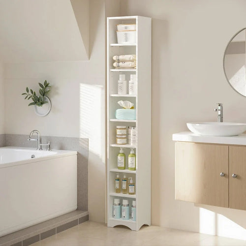 Schmaler Badezimmerschrank aus Massivholz, 70.9 Inches hoch, freistehend, mit 8 Ablagefächern