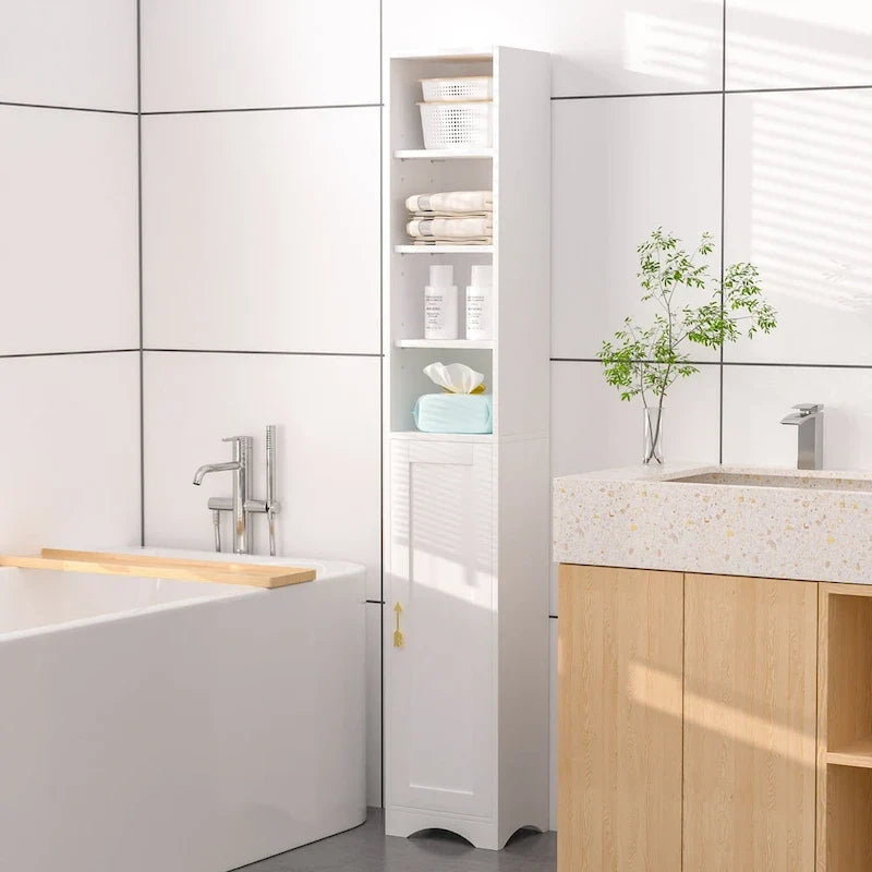 Armoire à linge étroite de salle de bain, hauteur de 70.9 pouces, 8 niveaux, meuble de rangement autoportant en bois massif