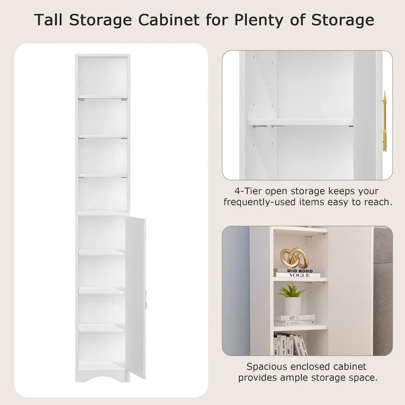 Armoire à linge étroite de salle de bain, hauteur de 70.9 pouces, 8 niveaux, meuble de rangement autoportant en bois massif