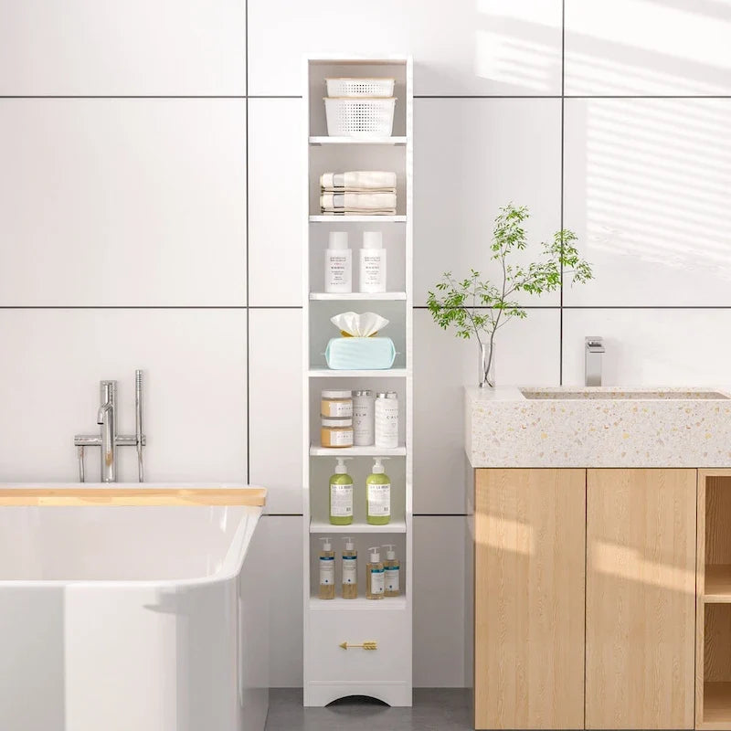 Schmaler Badezimmerschrank aus Massivholz, 70.9 Inches hoch, freistehend, mit 8 Ablagefächern