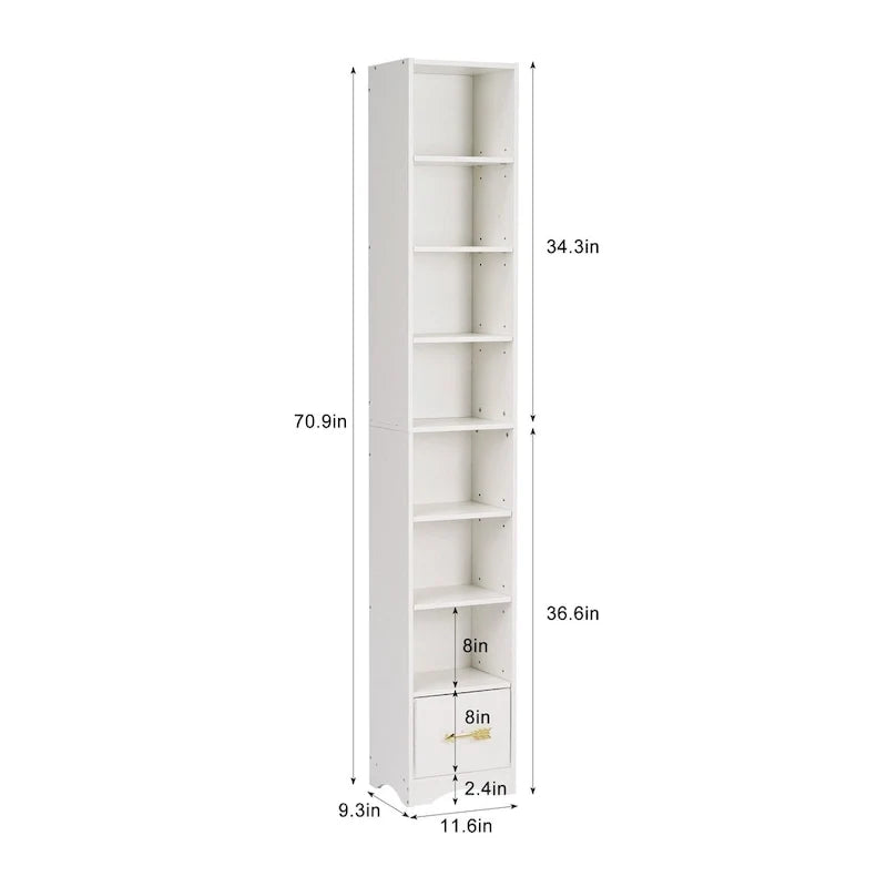 Schmaler Badezimmerschrank aus Massivholz, 70.9 Inches hoch, freistehend, mit 8 Ablagefächern