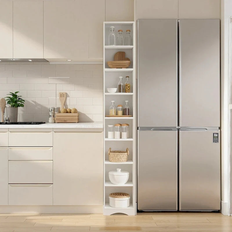 Schmaler Badezimmerschrank aus Massivholz, 70.9 Inches hoch, freistehend, mit 8 Ablagefächern