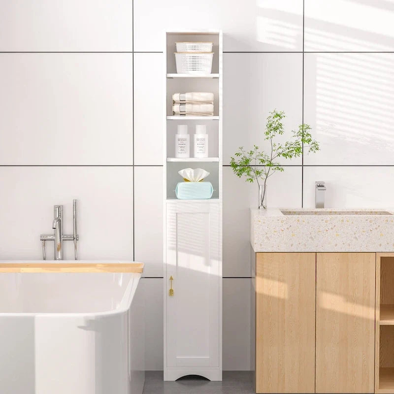 Schmaler Badezimmerschrank aus Massivholz, 70.9 Inches hoch, freistehend, mit 8 Ablagefächern