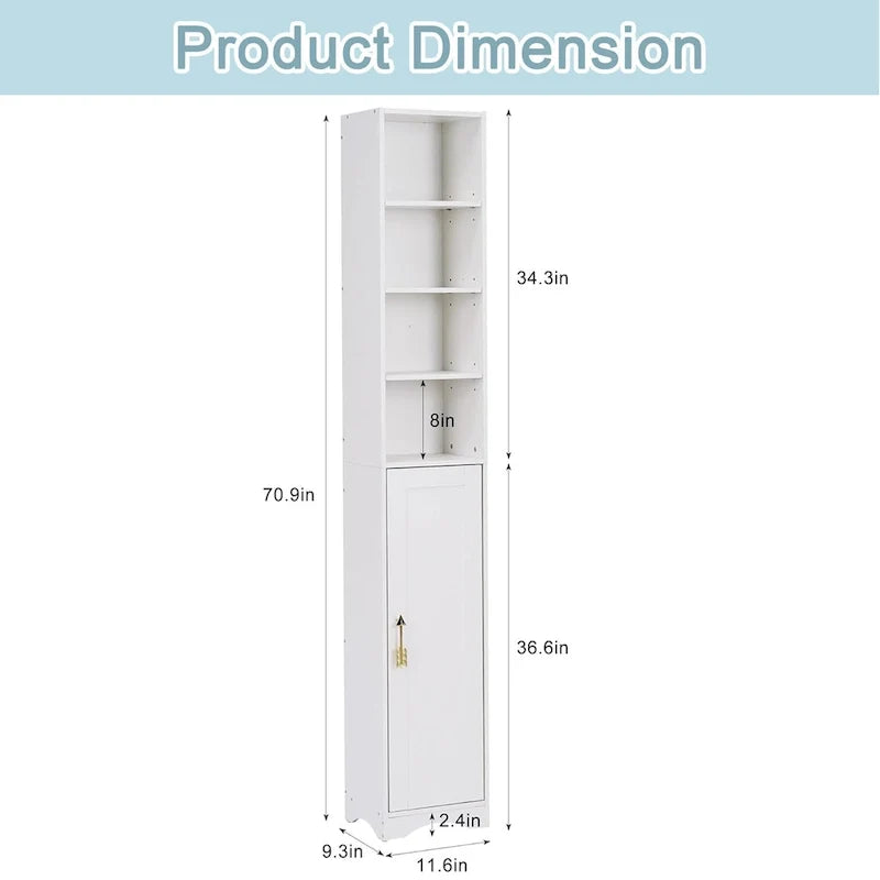 Schmaler Badezimmerschrank aus Massivholz, 70.9 Inches hoch, freistehend, mit 8 Ablagefächern