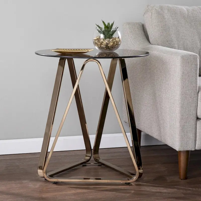 Table d’appoint ronde en fer et champagne - 22x22x24.25